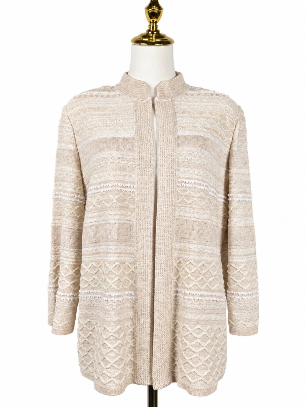 Ming Wang L Cream Gold Metallic Knit 3/4 Sleeve Jacket Quiet Luxury